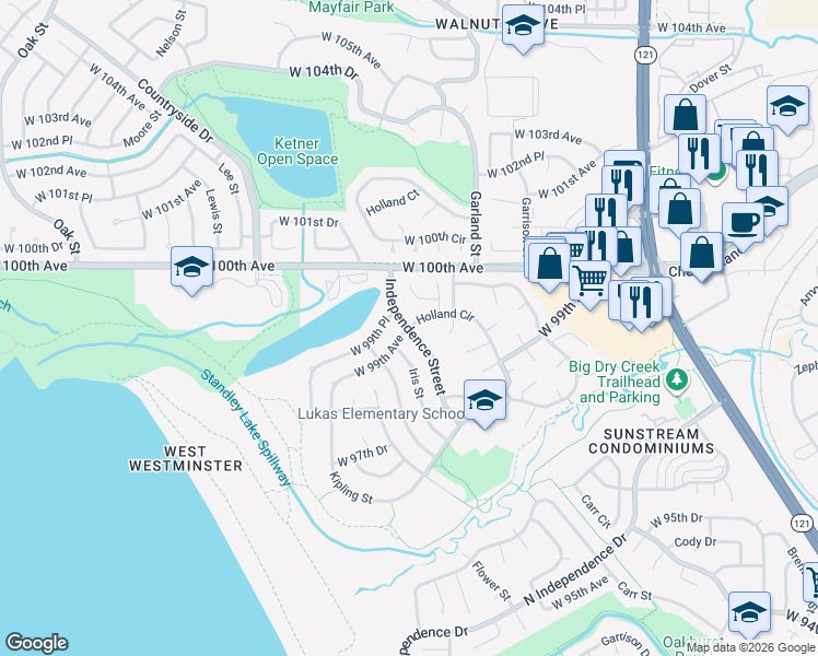 map of restaurants, bars, coffee shops, grocery stores, and more near 10429 Holland Circle in Westminster
