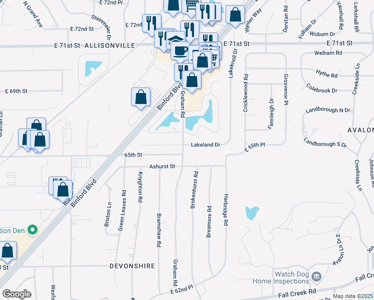 map of restaurants, bars, coffee shops, grocery stores, and more near 6476 Graham Road in Indianapolis
