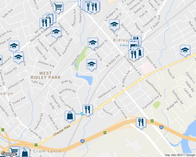 map of restaurants, bars, coffee shops, grocery stores, and more near 124 West Ridley Avenue in Ridley Park