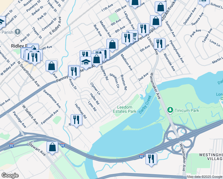 map of restaurants, bars, coffee shops, grocery stores, and more near 220 Rodney Road in Ridley Park