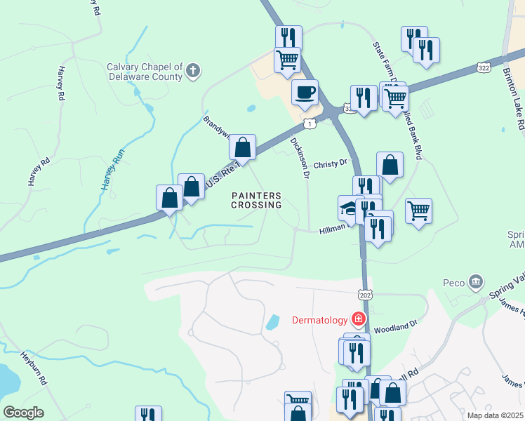 map of restaurants, bars, coffee shops, grocery stores, and more near 1503 Painters Crossing in Chadds Ford