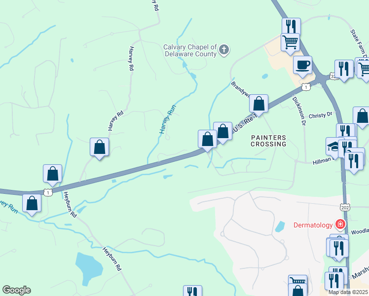 map of restaurants, bars, coffee shops, grocery stores, and more near 405 South Point Drive in Chadds Ford