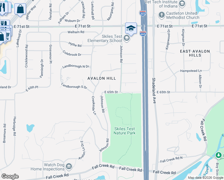 map of restaurants, bars, coffee shops, grocery stores, and more near 6639 East 65th Street in Indianapolis