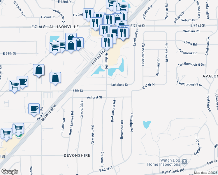 map of restaurants, bars, coffee shops, grocery stores, and more near 6476 Graham Road in Indianapolis