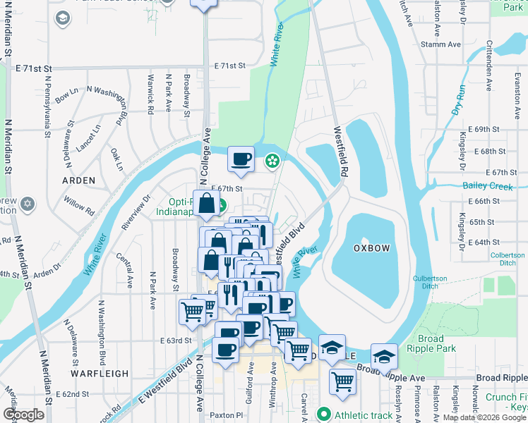 map of restaurants, bars, coffee shops, grocery stores, and more near 930 East 66th Street in Indianapolis