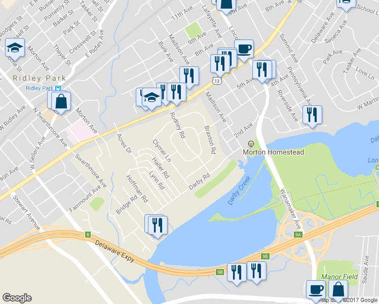 map of restaurants, bars, coffee shops, grocery stores, and more near 220 Rodney Road in Ridley Park