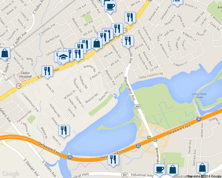 map of restaurants, bars, coffee shops, grocery stores, and more near 1000 Darby Road in Prospect Park