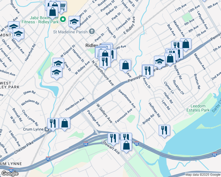 map of restaurants, bars, coffee shops, grocery stores, and more near 5 West Chester Pike in Ridley Park
