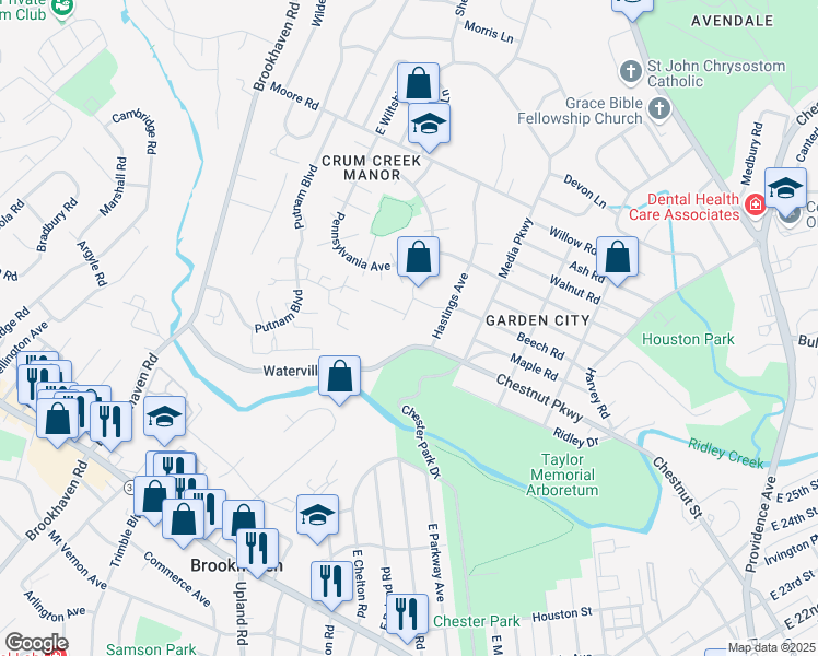 map of restaurants, bars, coffee shops, grocery stores, and more near 199 Elm Road in Delaware County