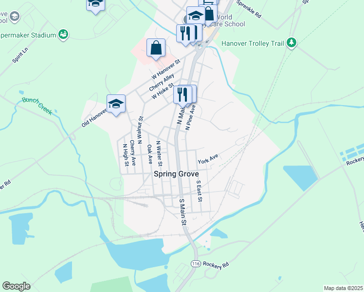 map of restaurants, bars, coffee shops, grocery stores, and more near 119 North Main Street in Spring Grove