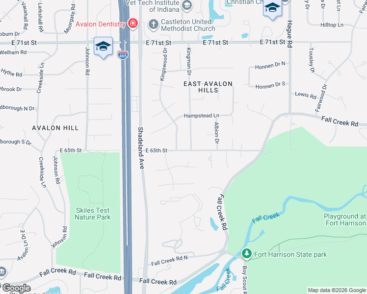 map of restaurants, bars, coffee shops, grocery stores, and more near 7125 East 65th Street in Indianapolis