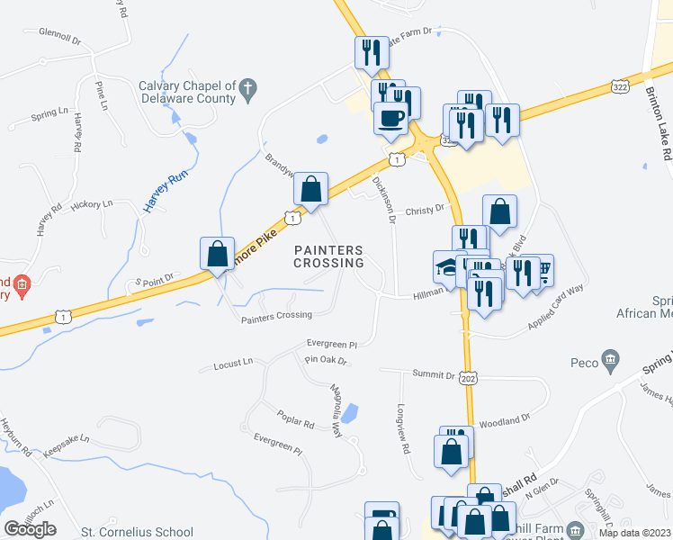 map of restaurants, bars, coffee shops, grocery stores, and more near 1512 Painters Crossing in Chadds Ford