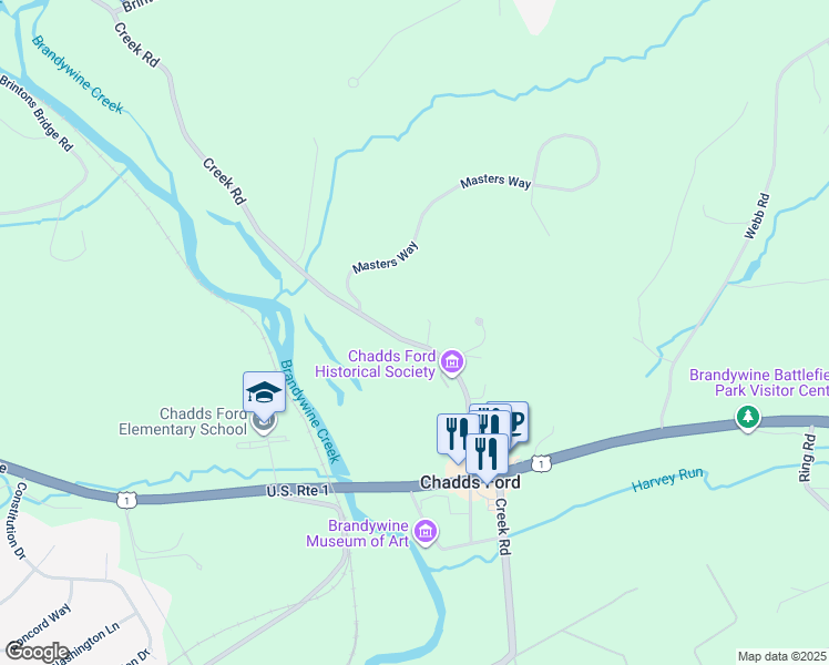 map of restaurants, bars, coffee shops, grocery stores, and more near 1709 Creek Road in Chadds Ford