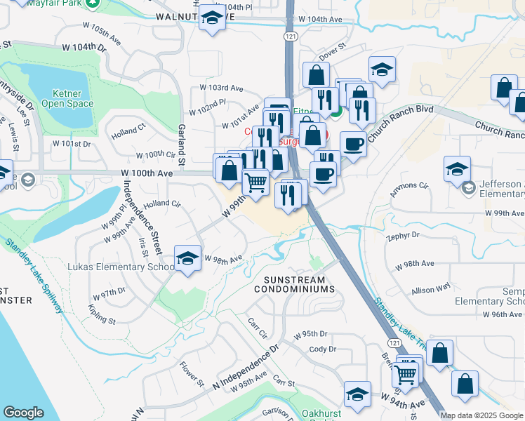 map of restaurants, bars, coffee shops, grocery stores, and more near in Westminster