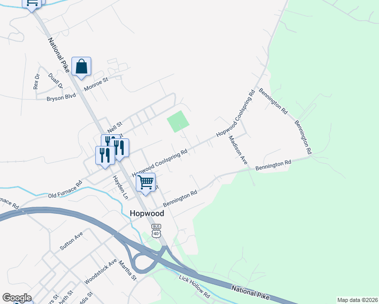 map of restaurants, bars, coffee shops, grocery stores, and more near 164 Hopwood Coolspring Road in Hopwood