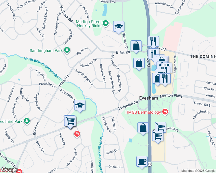 map of restaurants, bars, coffee shops, grocery stores, and more near 254 Sandringham Road in Cherry Hill