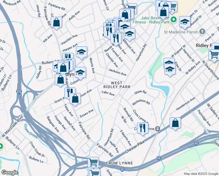 map of restaurants, bars, coffee shops, grocery stores, and more near 137 Garfield Avenue in Woodlyn
