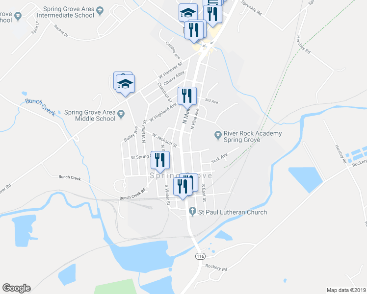 map of restaurants, bars, coffee shops, grocery stores, and more near 119 North Main Street in Spring Grove