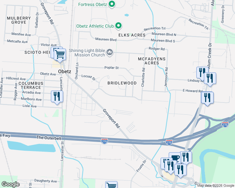 map of restaurants, bars, coffee shops, grocery stores, and more near 2133 Bridlewood Boulevard in Obetz
