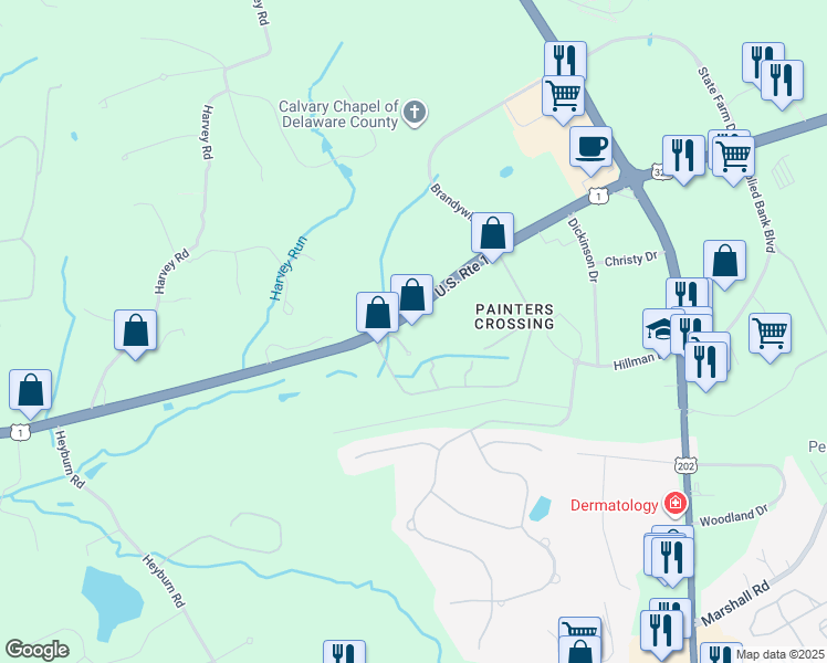 map of restaurants, bars, coffee shops, grocery stores, and more near 1290 Baltimore Pike in Chadds Ford