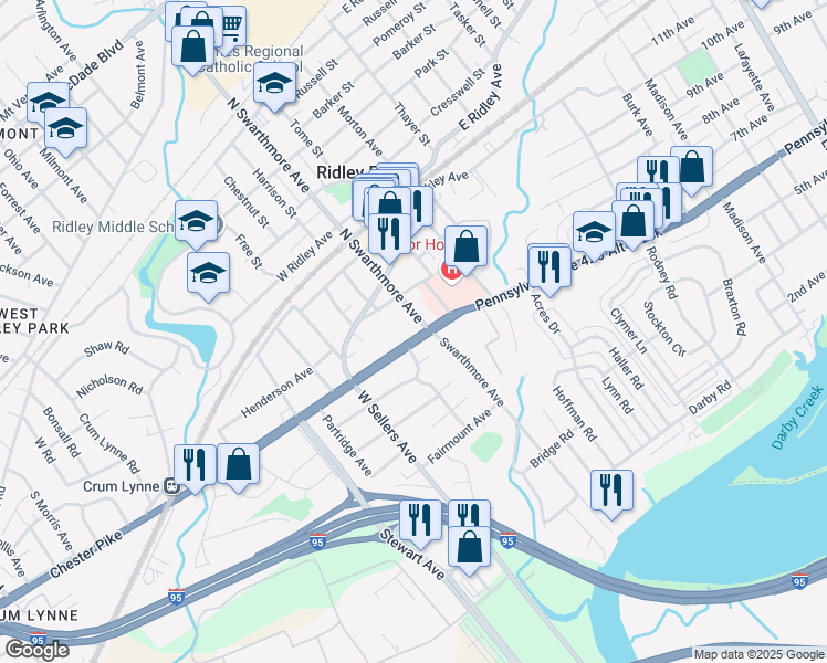 map of restaurants, bars, coffee shops, grocery stores, and more near 3 East Chester Pike in Ridley Park