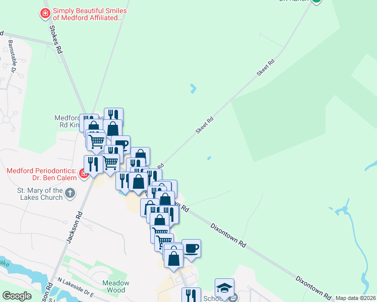 map of restaurants, bars, coffee shops, grocery stores, and more near 16 Skeet Road in Medford