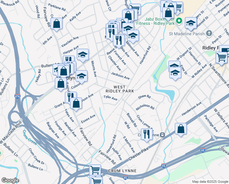 map of restaurants, bars, coffee shops, grocery stores, and more near 129 Garfield Avenue in Woodlyn