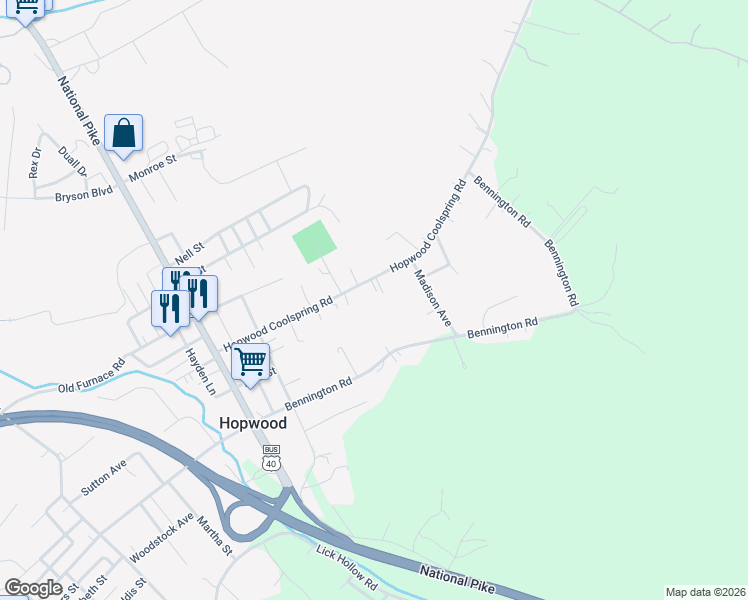 map of restaurants, bars, coffee shops, grocery stores, and more near 178 Hopwood Coolspring Road in Hopwood