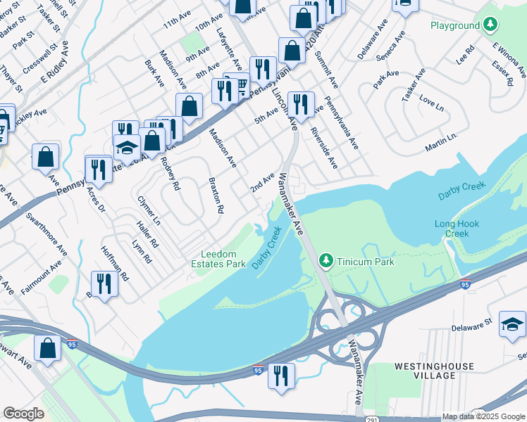 map of restaurants, bars, coffee shops, grocery stores, and more near 1000 Darby Road in Prospect Park