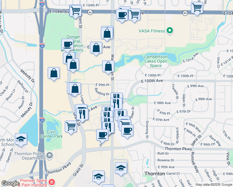 map of restaurants, bars, coffee shops, grocery stores, and more near 803 East 98th Avenue in Thornton