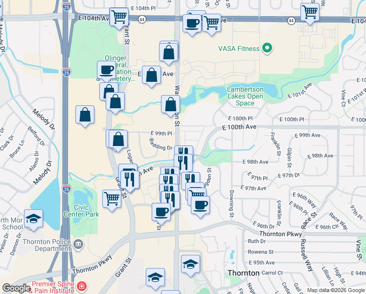 map of restaurants, bars, coffee shops, grocery stores, and more near 803 East 98th Avenue in Thornton