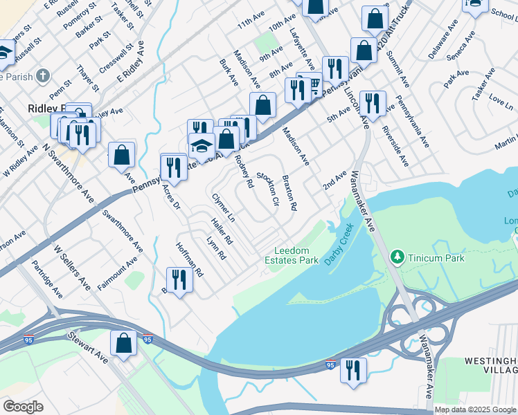 map of restaurants, bars, coffee shops, grocery stores, and more near 218 Rodney Road in Ridley Park