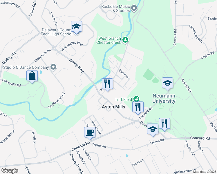 map of restaurants, bars, coffee shops, grocery stores, and more near 111 Oak Avenue in Aston