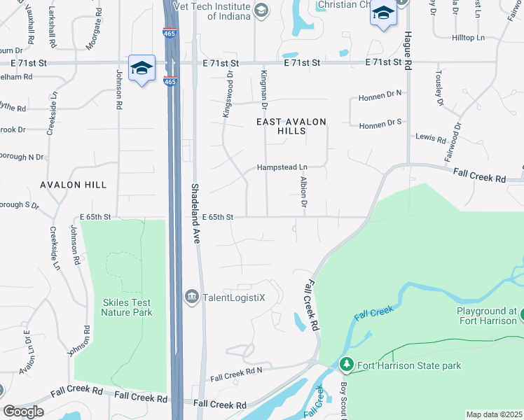 map of restaurants, bars, coffee shops, grocery stores, and more near 7211 East 65th Street in Indianapolis