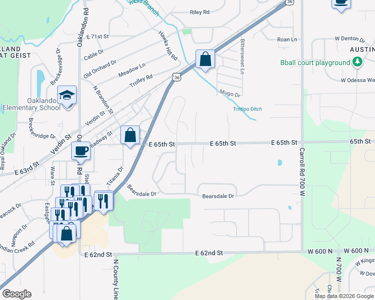 map of restaurants, bars, coffee shops, grocery stores, and more near 6449 Meadowfield Drive in Indianapolis