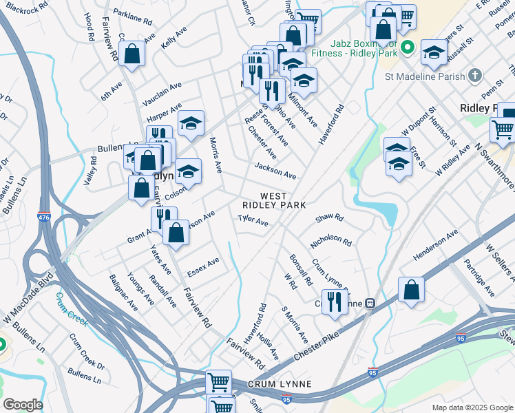 map of restaurants, bars, coffee shops, grocery stores, and more near 137 Garfield Avenue in Woodlyn