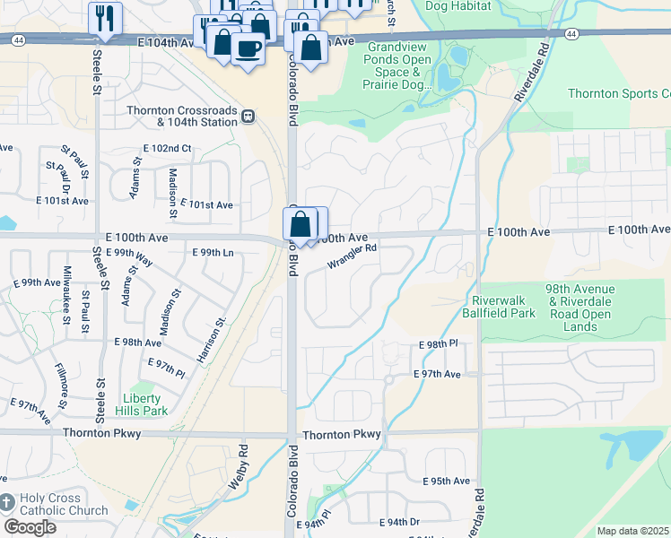 map of restaurants, bars, coffee shops, grocery stores, and more near 560-567 Sioux Trail in Thornton