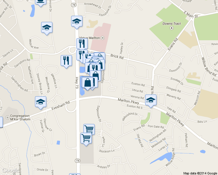 map of restaurants, bars, coffee shops, grocery stores, and more near 1154 Sagemore Drive in Evesham