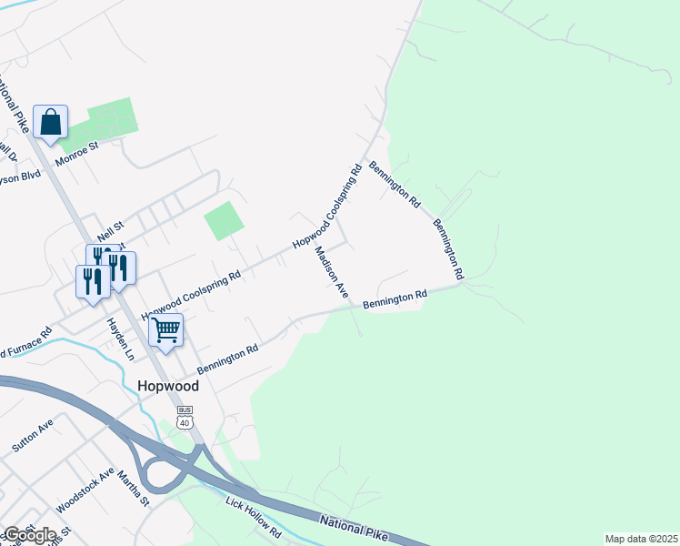 map of restaurants, bars, coffee shops, grocery stores, and more near 211 Madison Ave in Hopwood