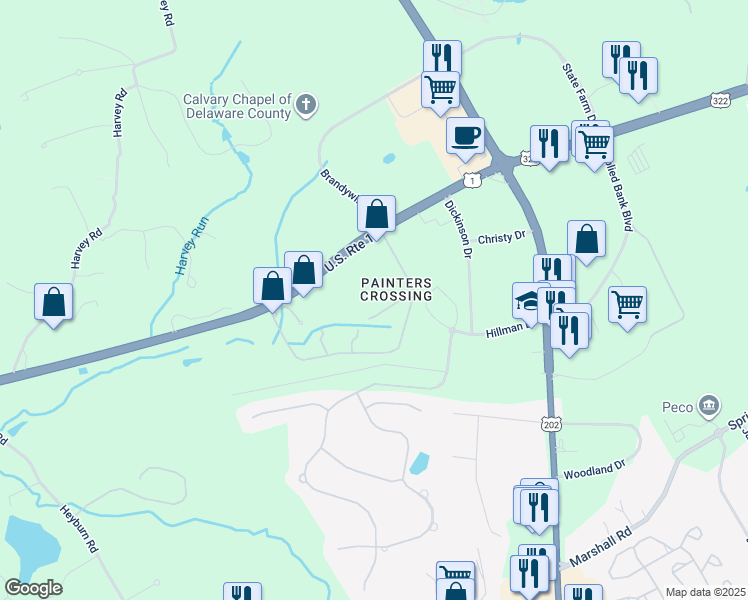 map of restaurants, bars, coffee shops, grocery stores, and more near 1106 Painters Crossing in Chadds Ford