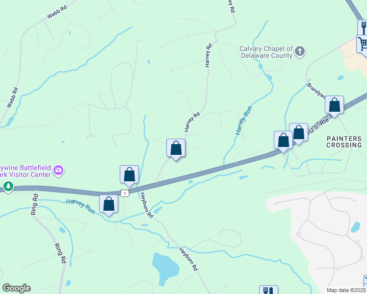map of restaurants, bars, coffee shops, grocery stores, and more near 269 Harvey Road in Chadds Ford