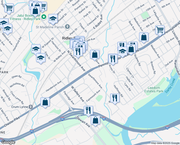 map of restaurants, bars, coffee shops, grocery stores, and more near 2 Swarthmore Avenue in Ridley Park
