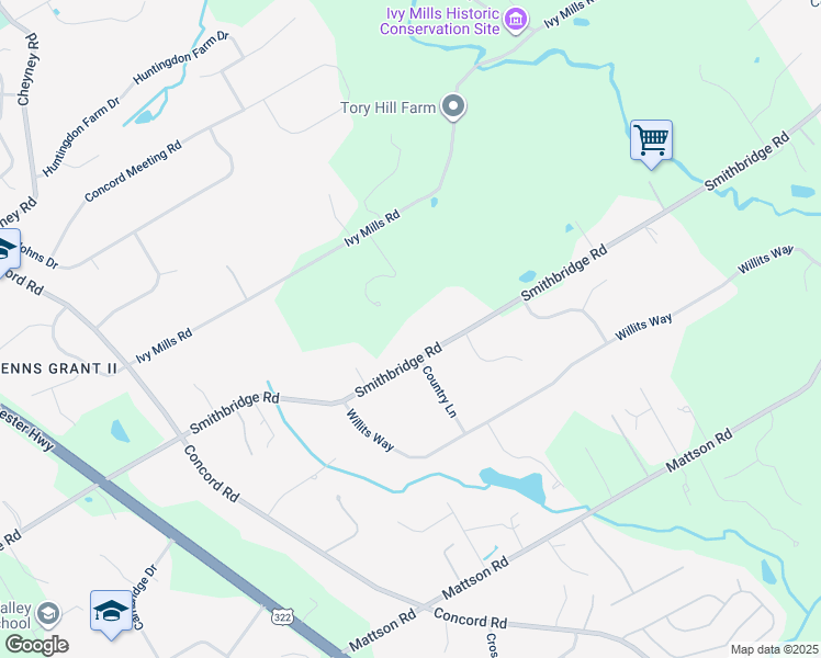 map of restaurants, bars, coffee shops, grocery stores, and more near 299 Smithbridge Road in Glen Mills