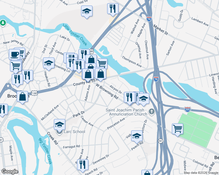 map of restaurants, bars, coffee shops, grocery stores, and more near 1017 West Browning Road in Bellmawr