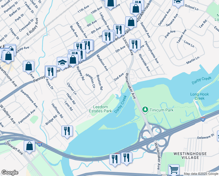 map of restaurants, bars, coffee shops, grocery stores, and more near 108 Mackenzie Avenue in Prospect Park