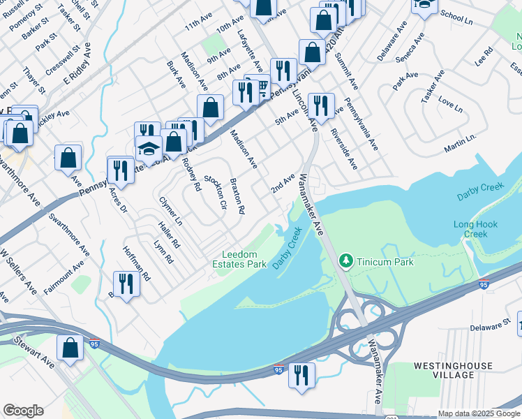 map of restaurants, bars, coffee shops, grocery stores, and more near 108 Mackenzie Avenue in Prospect Park