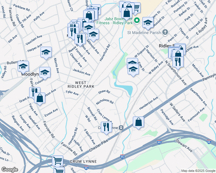 map of restaurants, bars, coffee shops, grocery stores, and more near 406 Glenlock Road in Ridley Park