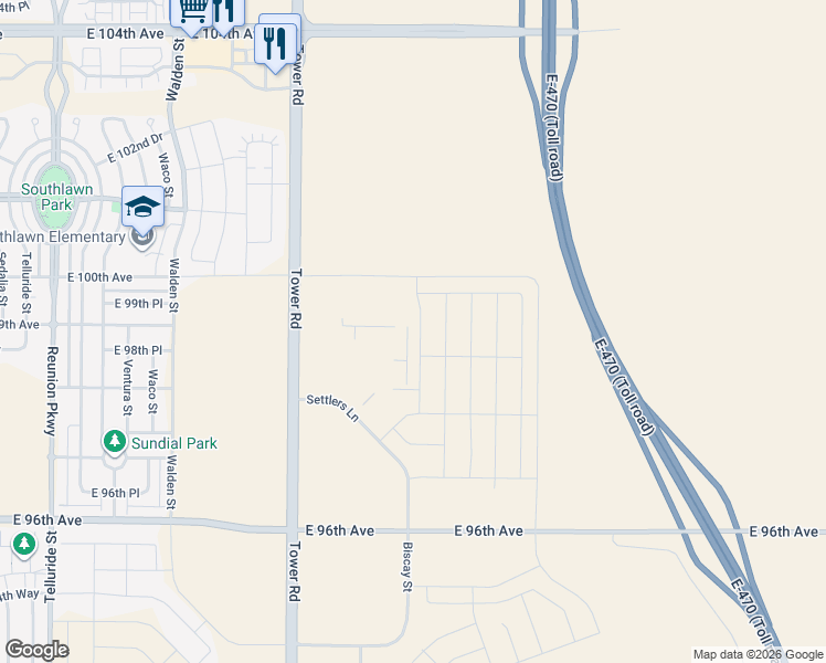 map of restaurants, bars, coffee shops, grocery stores, and more near 9880 Tower Road in Commerce City
