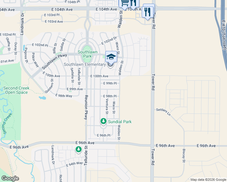 map of restaurants, bars, coffee shops, grocery stores, and more near 9858 Ventura Street in Commerce City