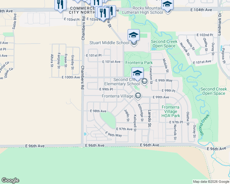 map of restaurants, bars, coffee shops, grocery stores, and more near 9889 Jasper Street in Commerce City